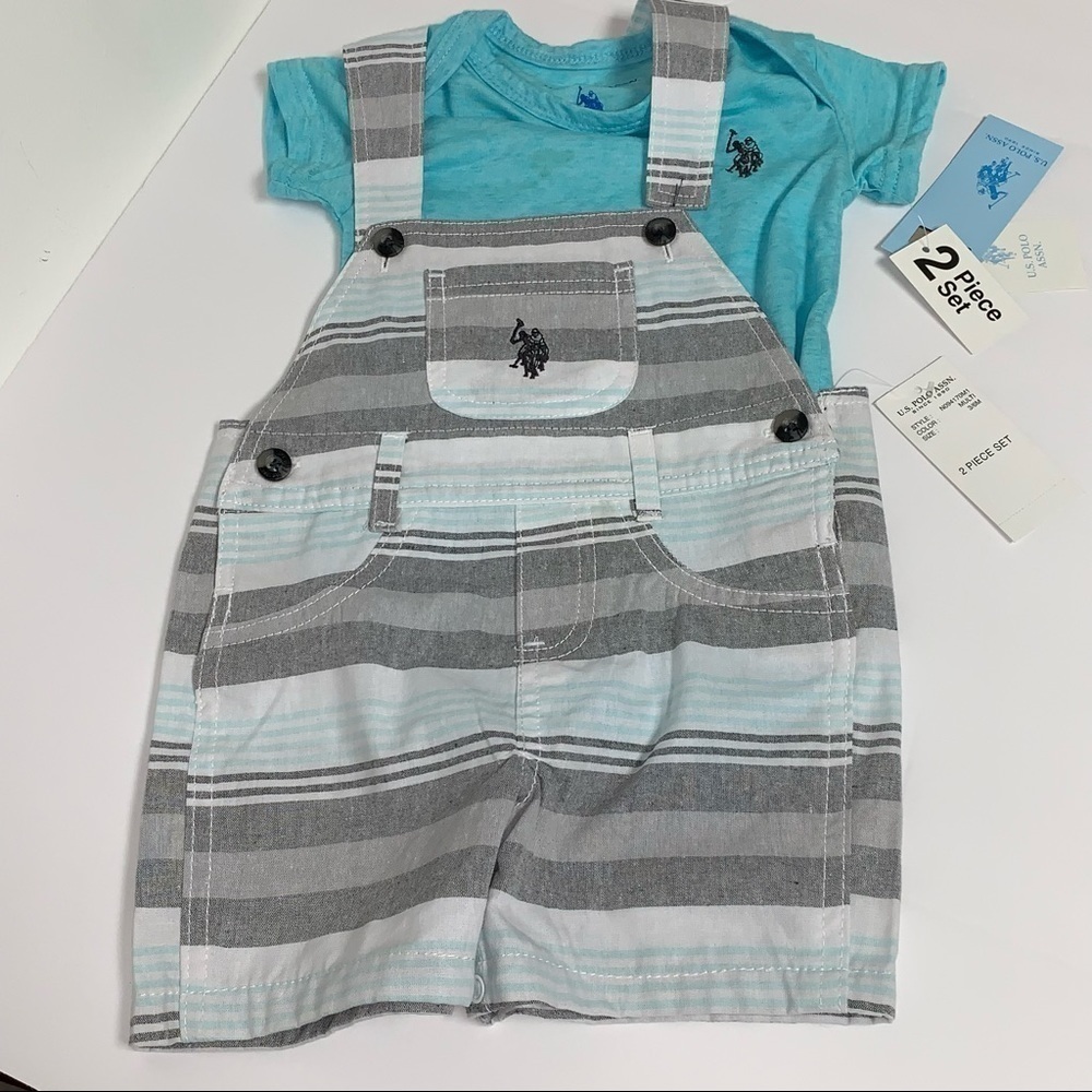 U.S. Polo Assn. Infant Size 3/6 M Blue Striped 2 Piece Overall Shorts Set NEW NW